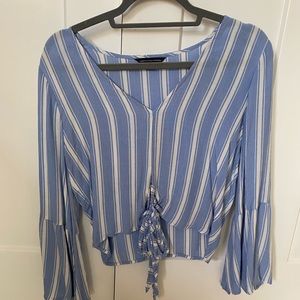 Blue & White Striped Bell Sleeve Front Tie Blouse